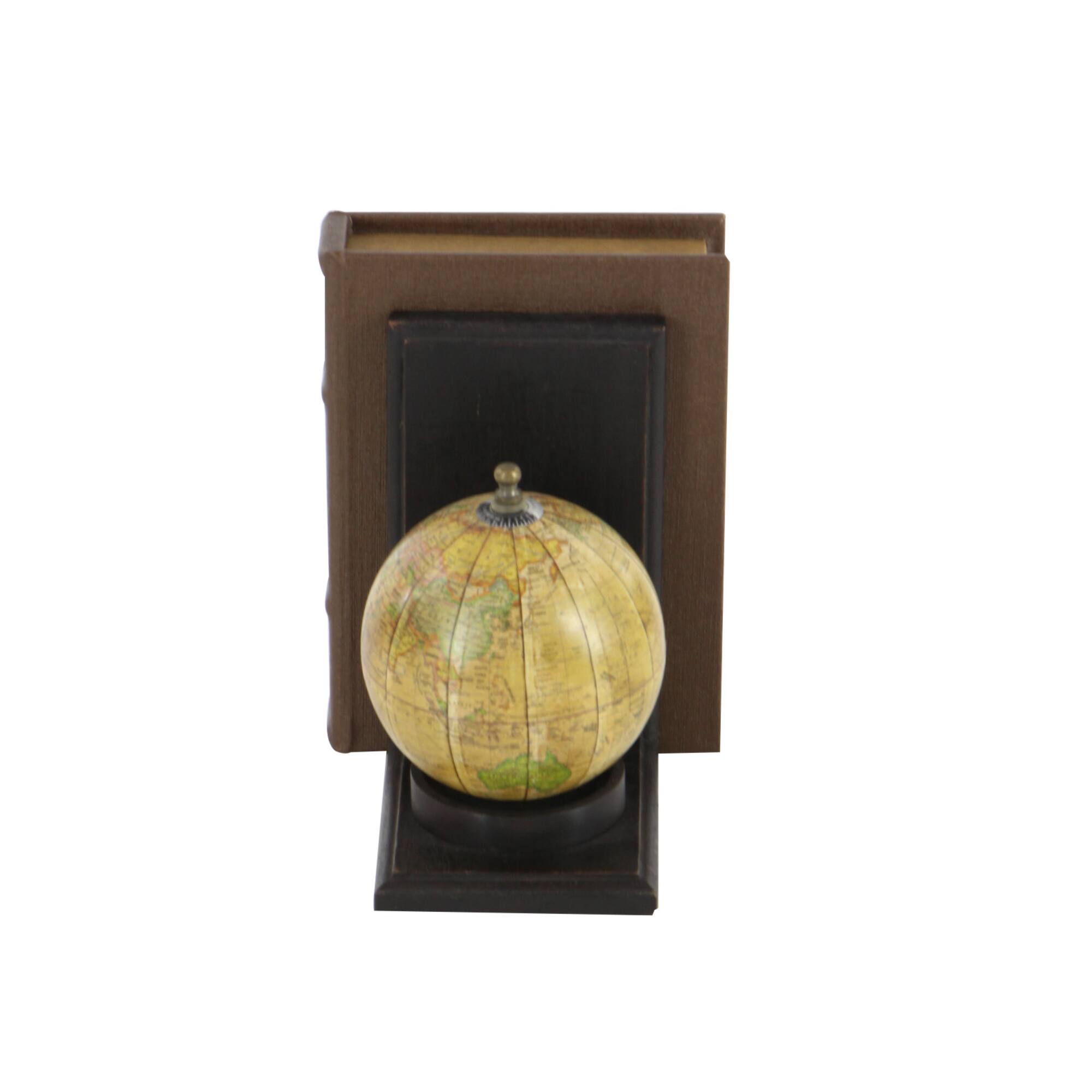 8" Rustic Brown Wood Globe Bookends